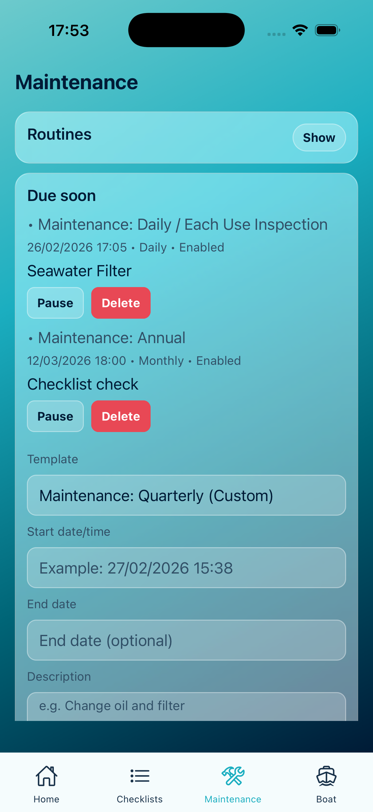 Maintenance routines and due items