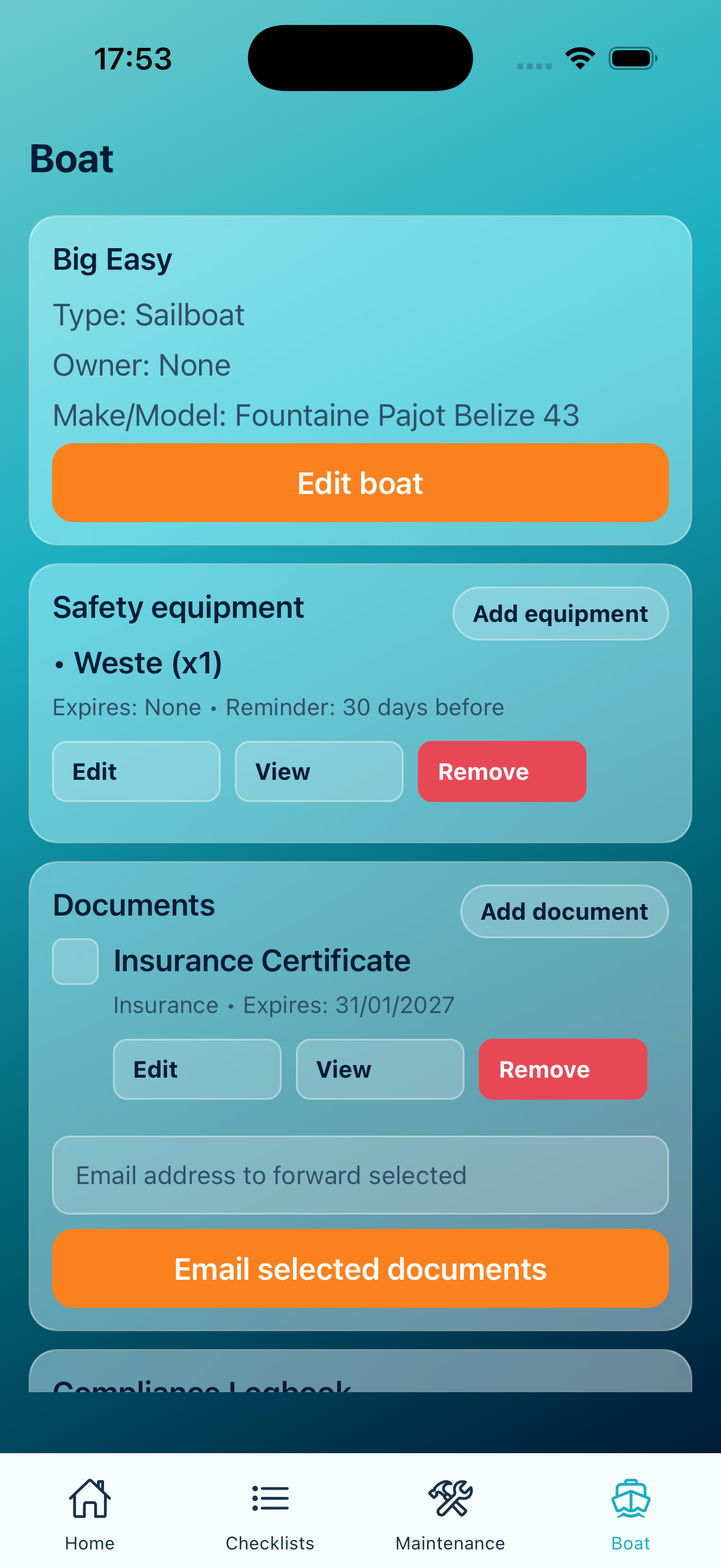 Boat profile, equipment, and documents