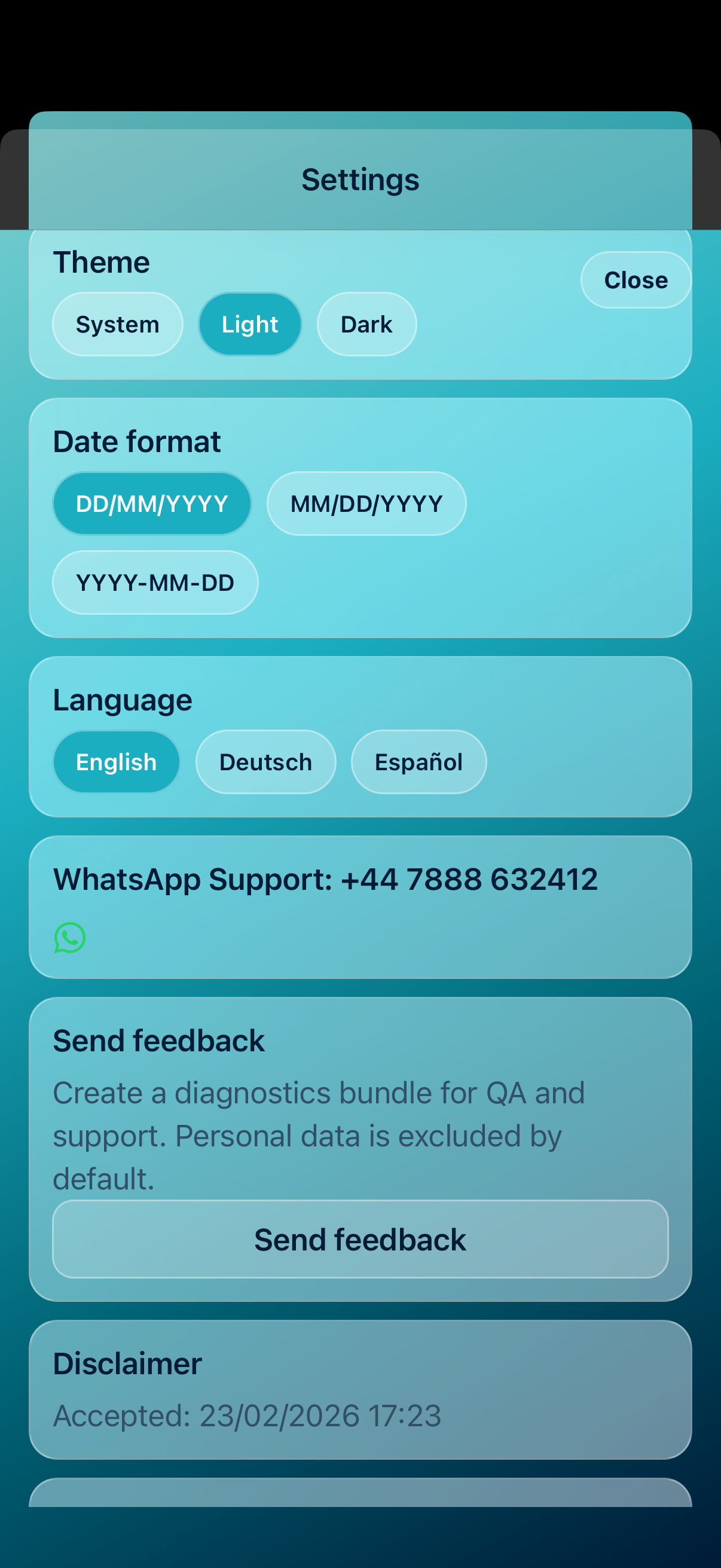 Settings, language, and support actions