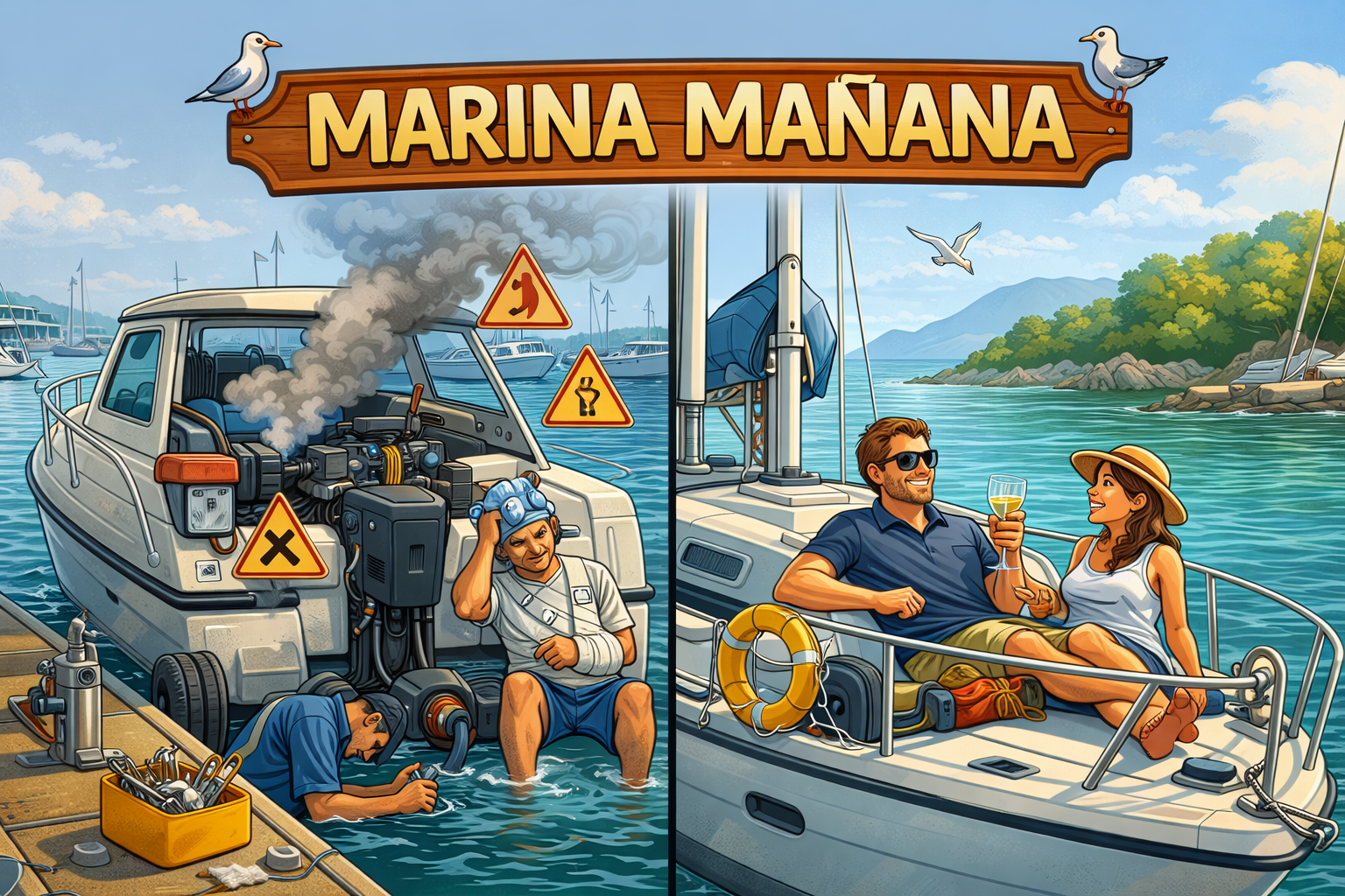 Marina Mañana illustration showing avoidable marina breakdown versus prepared cruising.